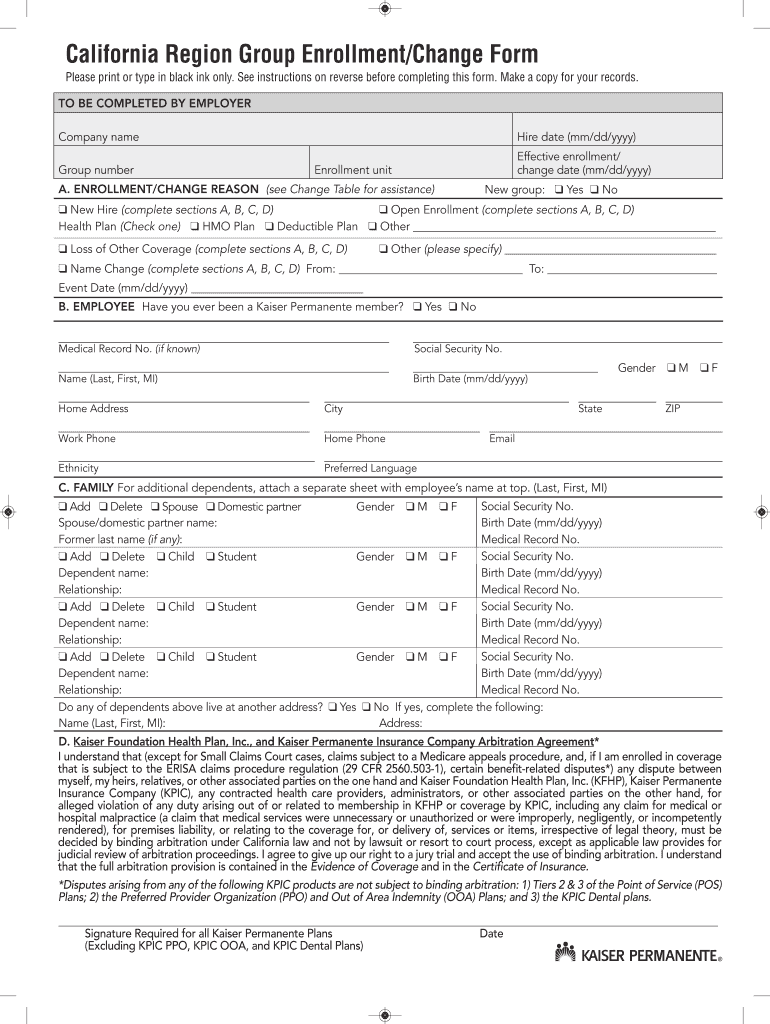 CA Kaiser Permanente Region Group Enrollment Change Form 2011 Fill 