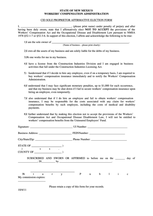Cid Sole Proprietor Affirmative Election Form New Mexico Workers 