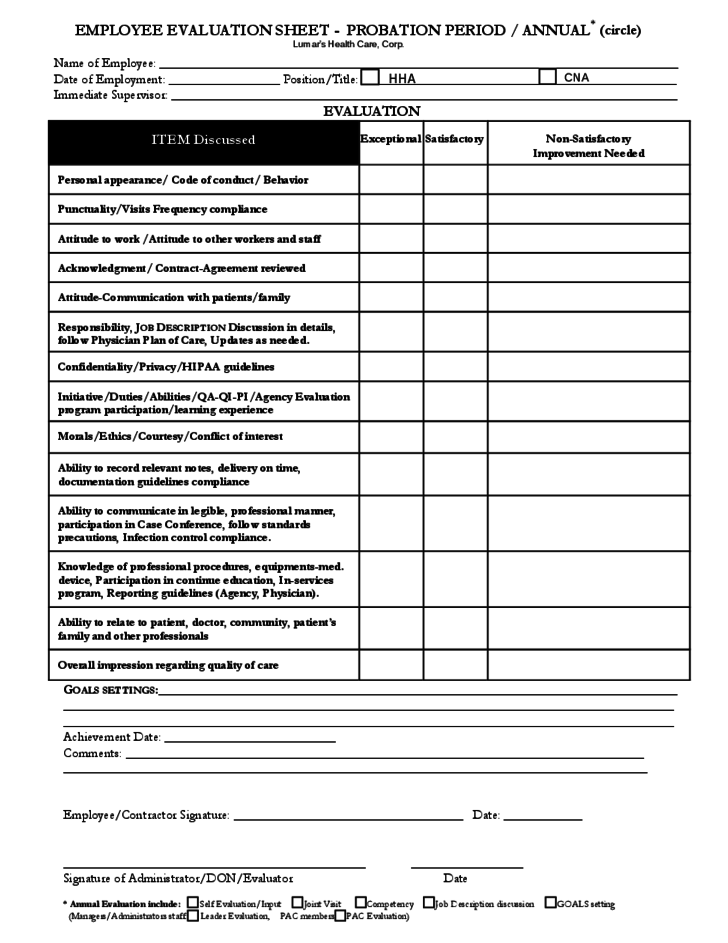 Employee Self Evaluation Form Sample Free Download