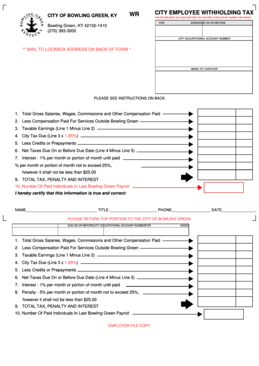 Fillable City Employee Withholding Tax Form City Of Bowling Green 