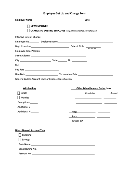 Fillable Employee Set Up And Change Form Printable Pdf Download