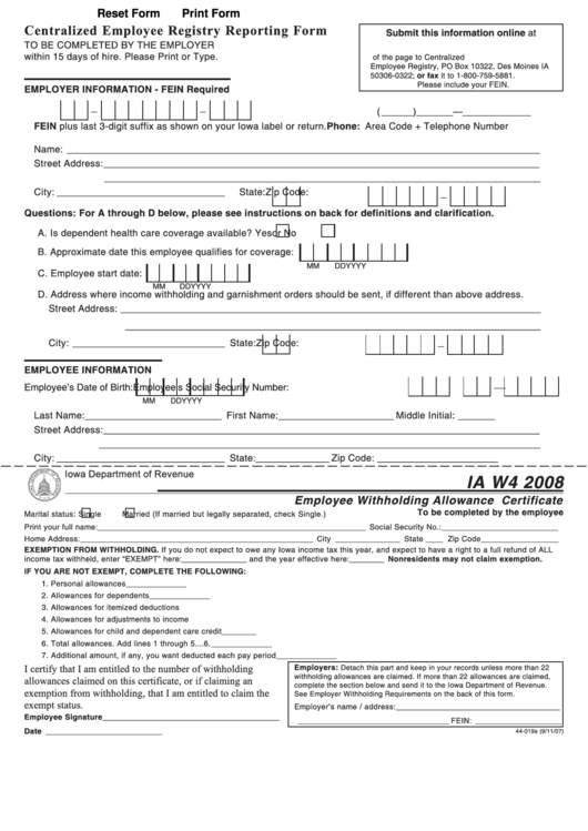 Fillable Form Ia W 4 Employee Withholding Allowance Certificate