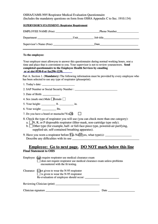 Fillable Form Osha uams N95 Respirator Medical Evaluation 