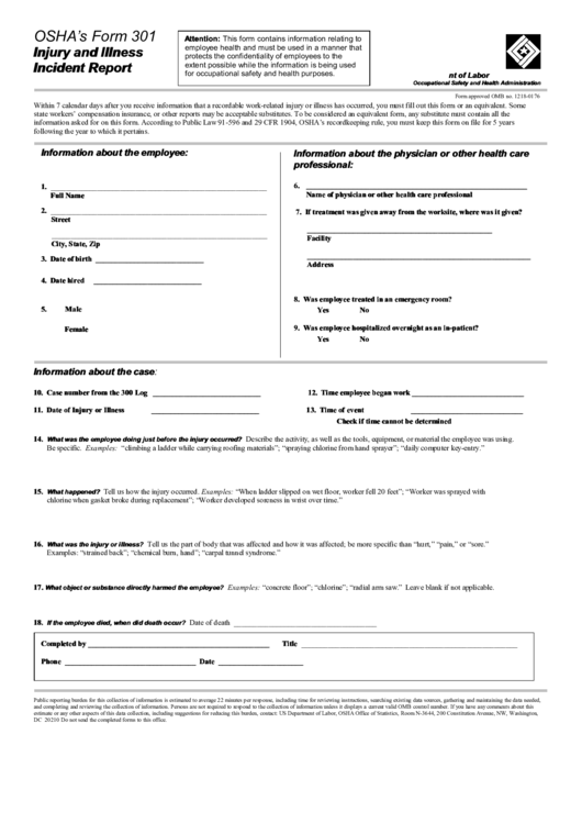 Fillable Osha S Form 301 Injury And Illness Incident Report Printable 