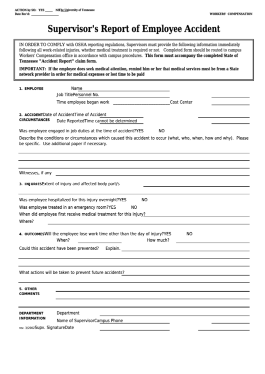 Fillable Supervisor S Report Of Employee Accident Printable Pdf Download