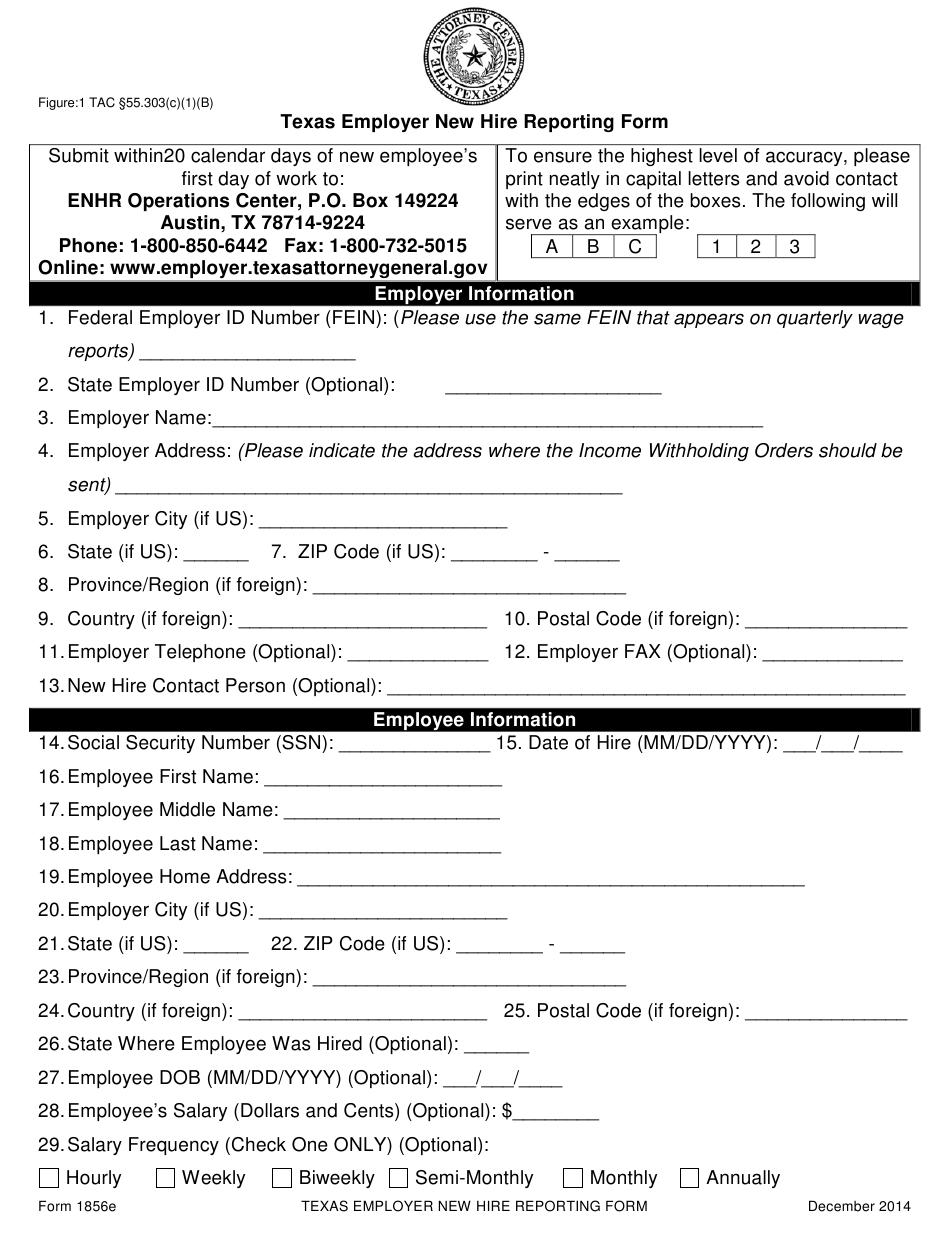 Form 1856E Download Printable PDF Or Fill Online Texas Employer New