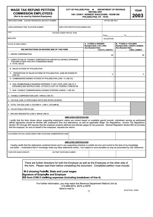 Form 83 A272 Wage Tax Refund Petition Commission Employees 2003 