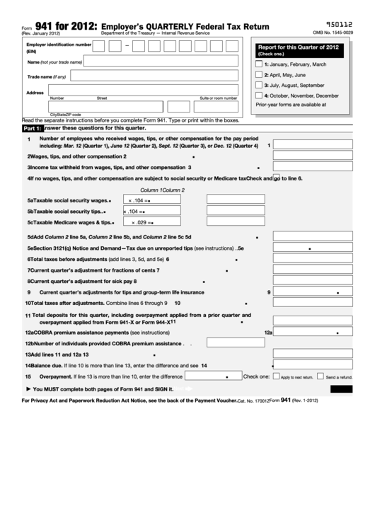Form 941 Employer S Quarterly Federal Tax Return 2012 Printable Pdf Form 941 Employer S Quarterly Federal Tax Return 2012 Printable Pdf