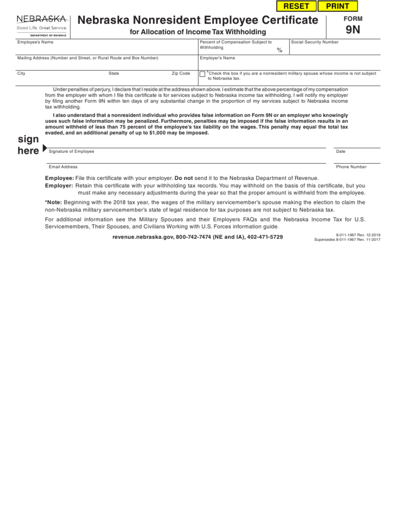 Form 9N Download Fillable PDF Or Fill Online Nebraska Nonresident 