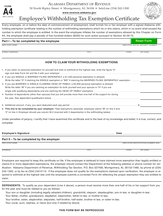 Form A4 Download Fillable PDF Or Fill Online Employee s Withholding Tax 