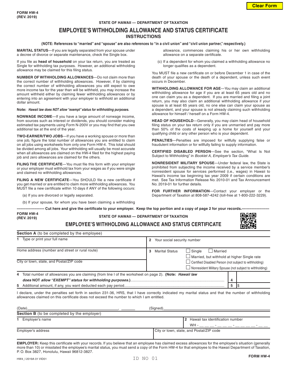 Form Hw 4 Employee's Withholding Allowance And Status Certificate 2022