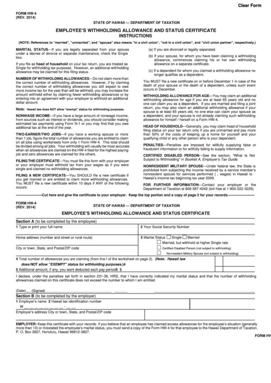 Form Hw 4 Employee S Withholding Allowance And Status Certificate
