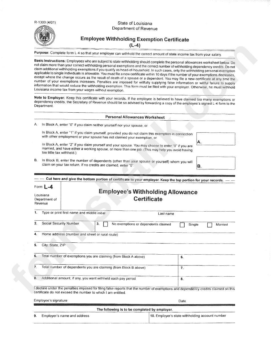 Form R 1300 Louisiana Employee Withholding Exemption Certificate L 4 Form R 1300 Louisiana Employee Withholding Exemption Certificate L 4