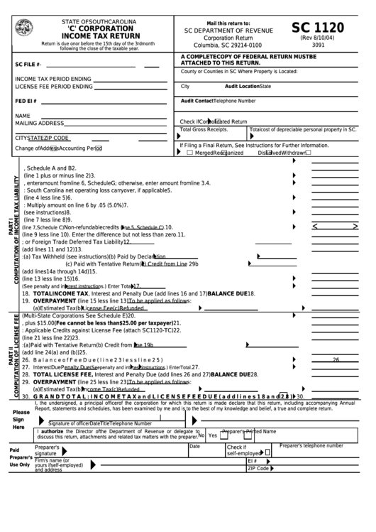 Form Sc 1120 C Corporation Income Tax Return State Of South 
