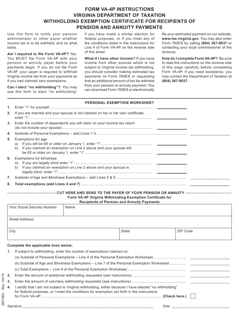 Form VA 4P Download Fillable PDF Or Fill Online Withholding Exemption 