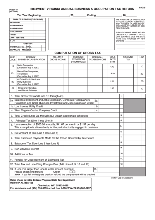 Form Wv bot 301 West Virginia Annual Business Occupation Tax Return 