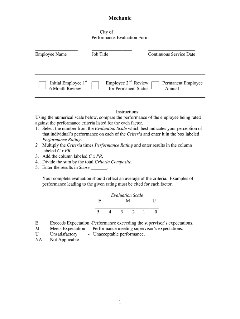 Mechanic Evaluation Form Fill Online Printable Fillable Blank 
