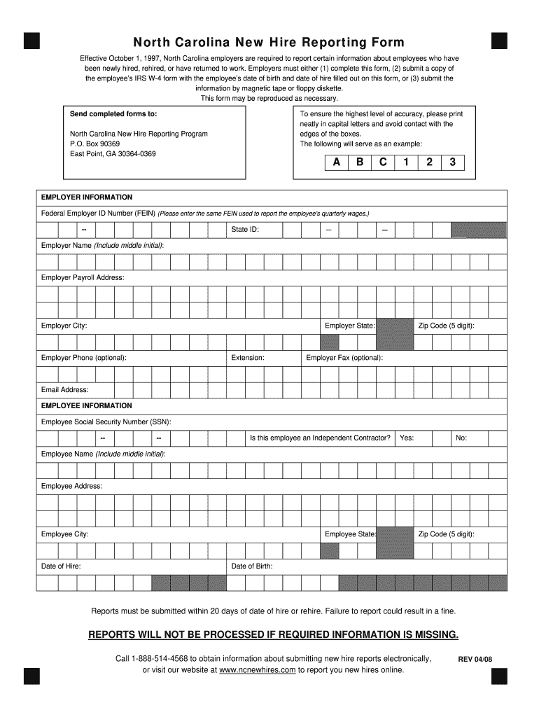 NC New Hire Reporting Form 2008 2021 Fill And Sign Printable Template 