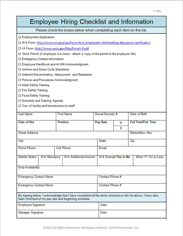 NEW HIRE CHECKLIST Employee Handbook Hiring Employees New Employee 