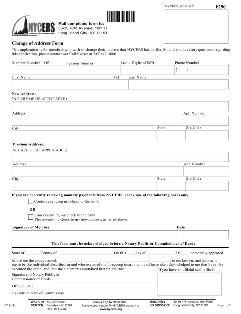 New York City Change Of Address Form Nycers Download Printable PDF 