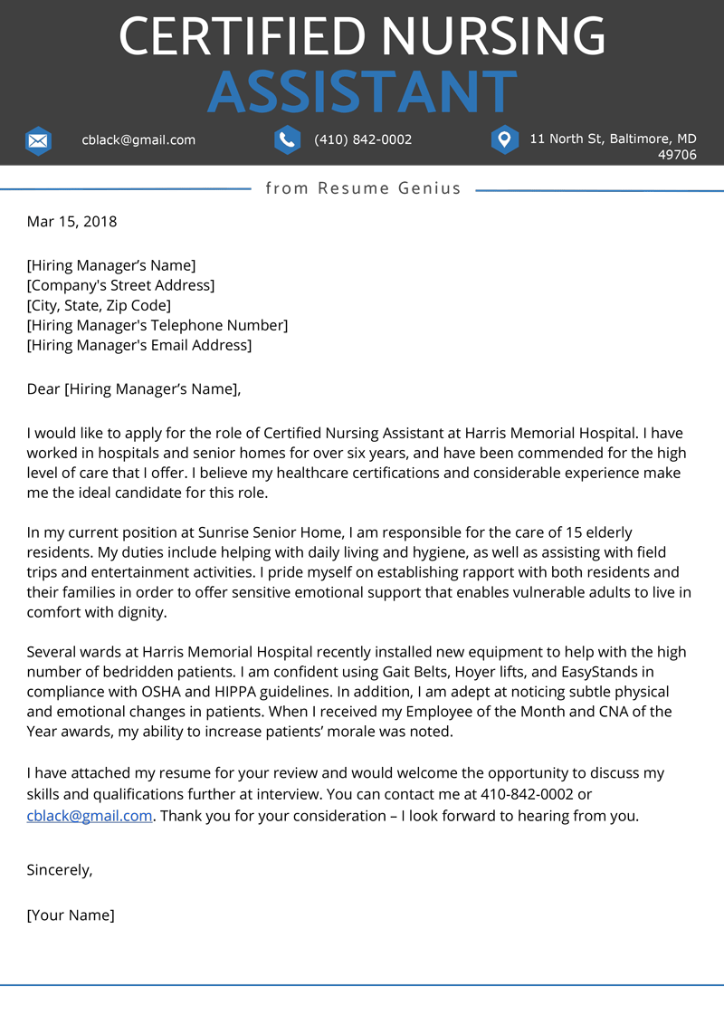 Certified Nursing Assistant CNA Cover Letter Resume Genius Certified Nursing Assistant CNA Cover Letter Resume Genius