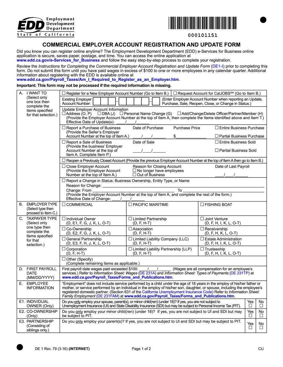 De1 California Registration Form For Commercial Employers In PDF De1 California Registration Form For Commercial Employers In PDF