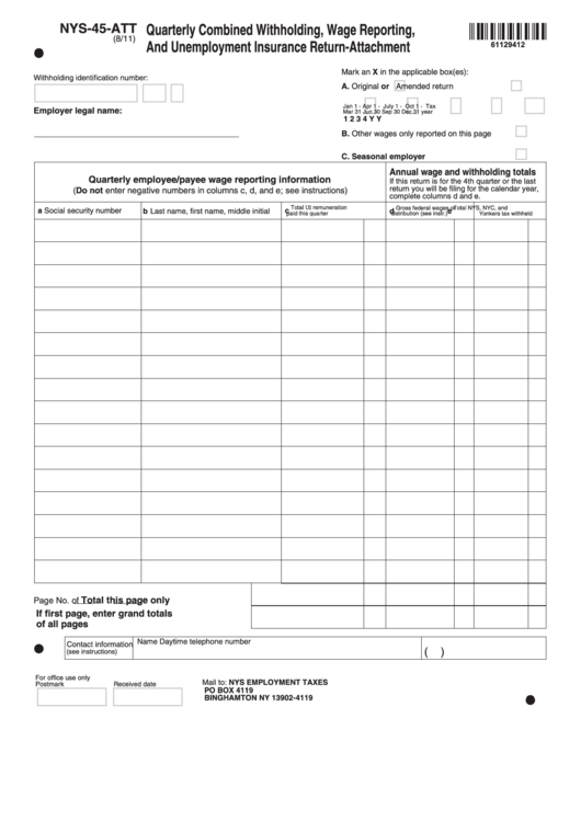 Fillable Form Nys 45 Att Quarterly Combined Withholding Wage 