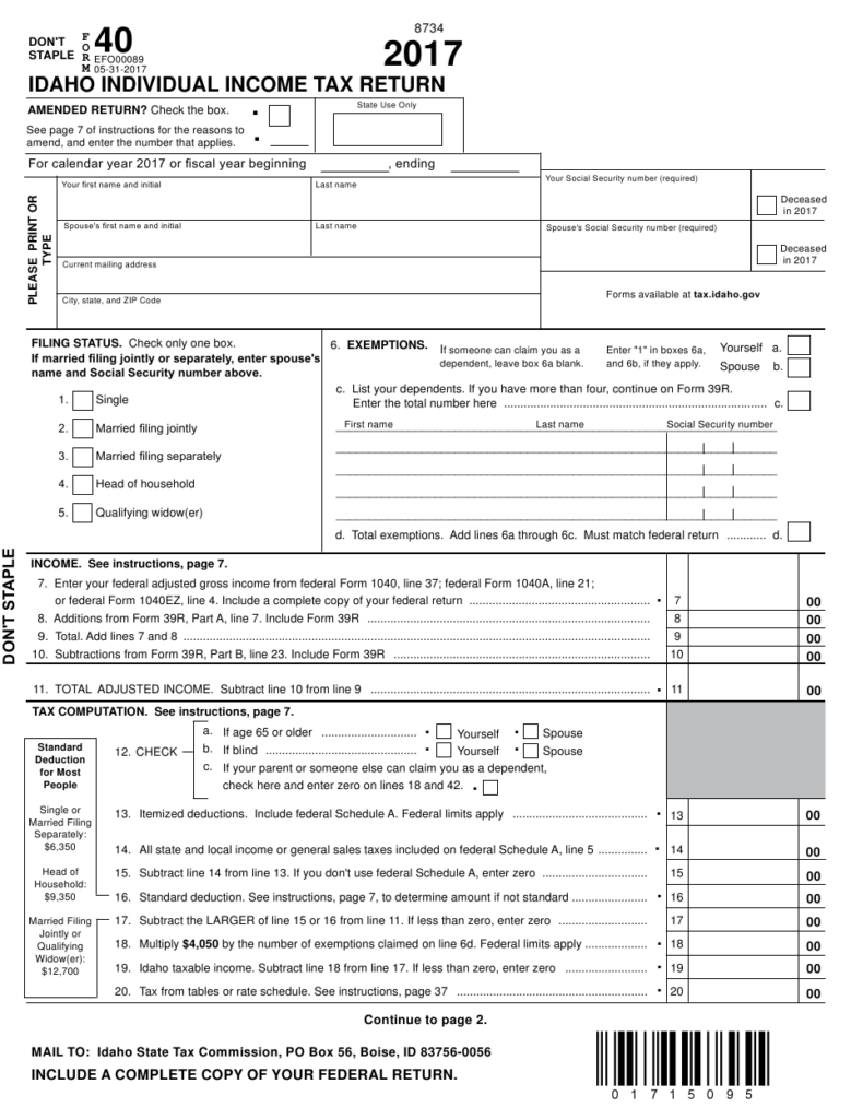 Form 40 Download Fillable PDF Or Fill Online Idaho Individual Income 
