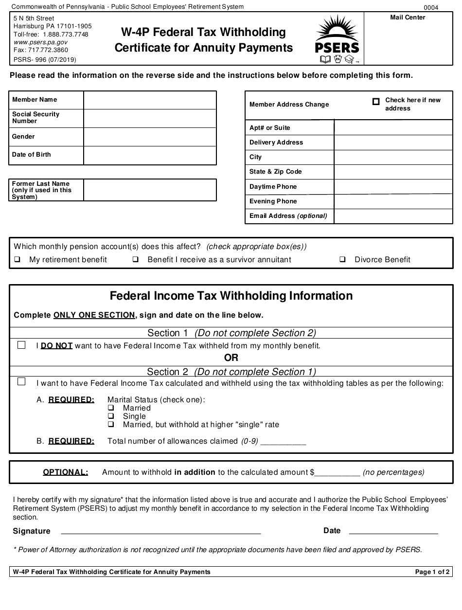 Form PSRS 996 Download Printable PDF Or Fill Online W 4p Federal Tax Form PSRS 996 Download Printable PDF Or Fill Online W 4p Federal Tax