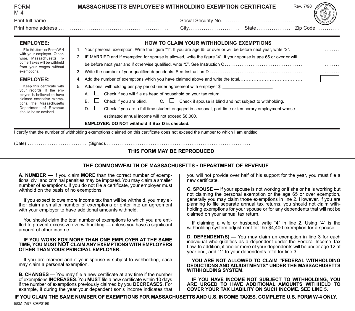 MASSACHUSETTS EMPLOYEE S WITHHOLDING EXEMPTION CERTIFICATE FORM M 4 MASSACHUSETTS EMPLOYEE S WITHHOLDING EXEMPTION CERTIFICATE FORM M 4