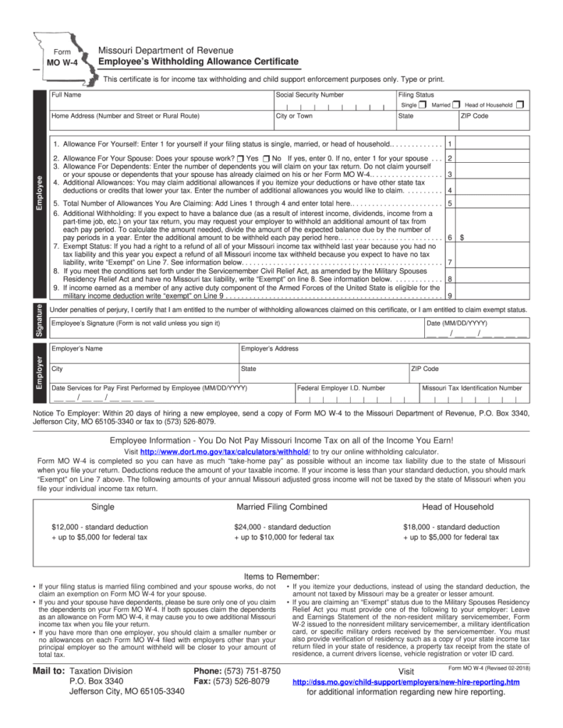MO W 4 Printable Form Employee s Missouri Withholding Allowance 