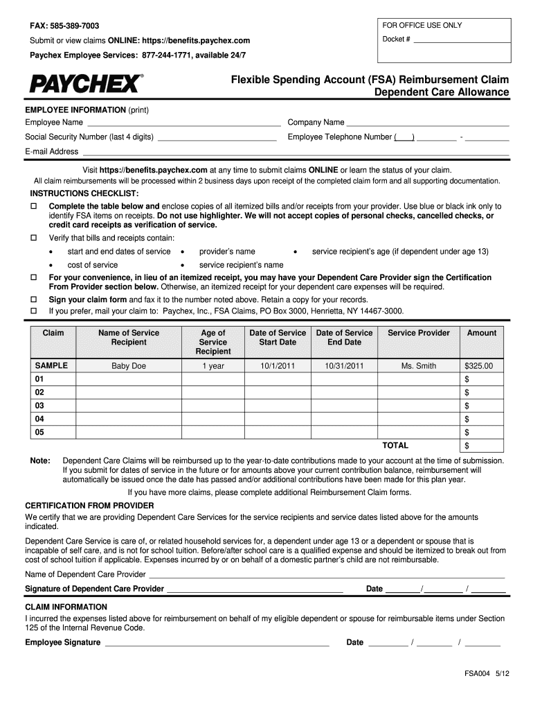 Paychex Dependent Care Reimbursement Form Fill Online Printable 
