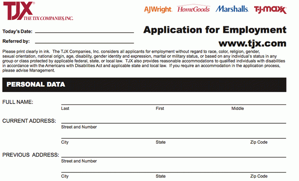 T J Maxx Application PDF Print Out T J Maxx Application PDF Print Out