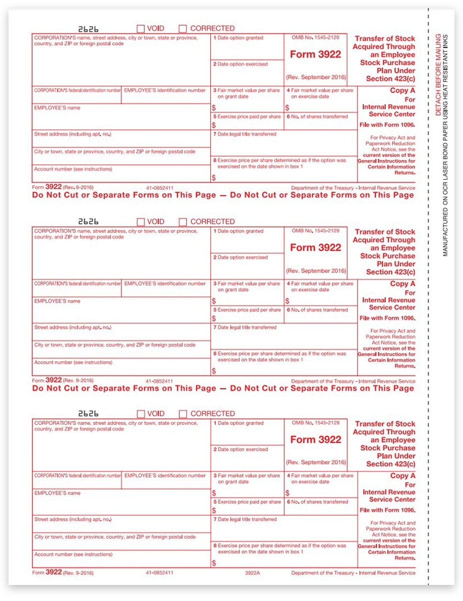 3922 Forms Employee Stock Purchase IRS Copy A DiscountTaxForms 3922 Forms Employee Stock Purchase IRS Copy A DiscountTaxForms
