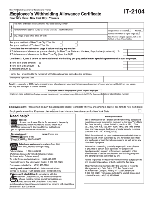 Fillable Form It 2104 Employee S Withholding Allowance Certificate Fillable Form It 2104 Employee S Withholding Allowance Certificate