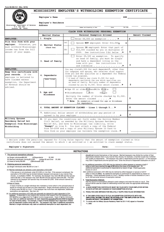 Form 89 350 15 1 Mississippi Employee S Withholding Exemption