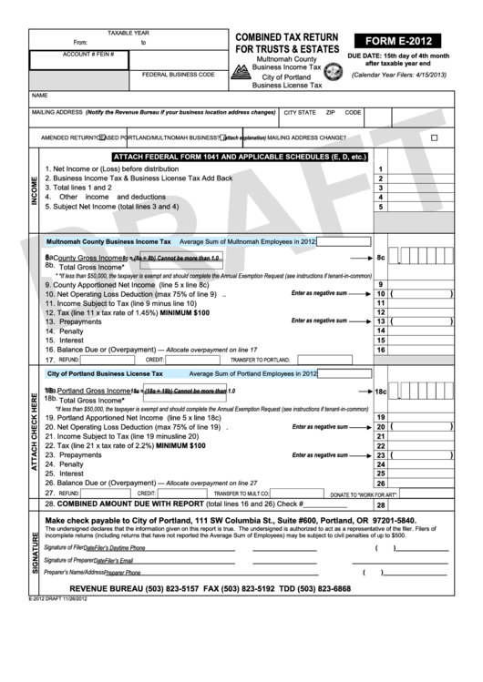Form E 2012 Draft Combined Tax Return For Trusts Estates Printable 