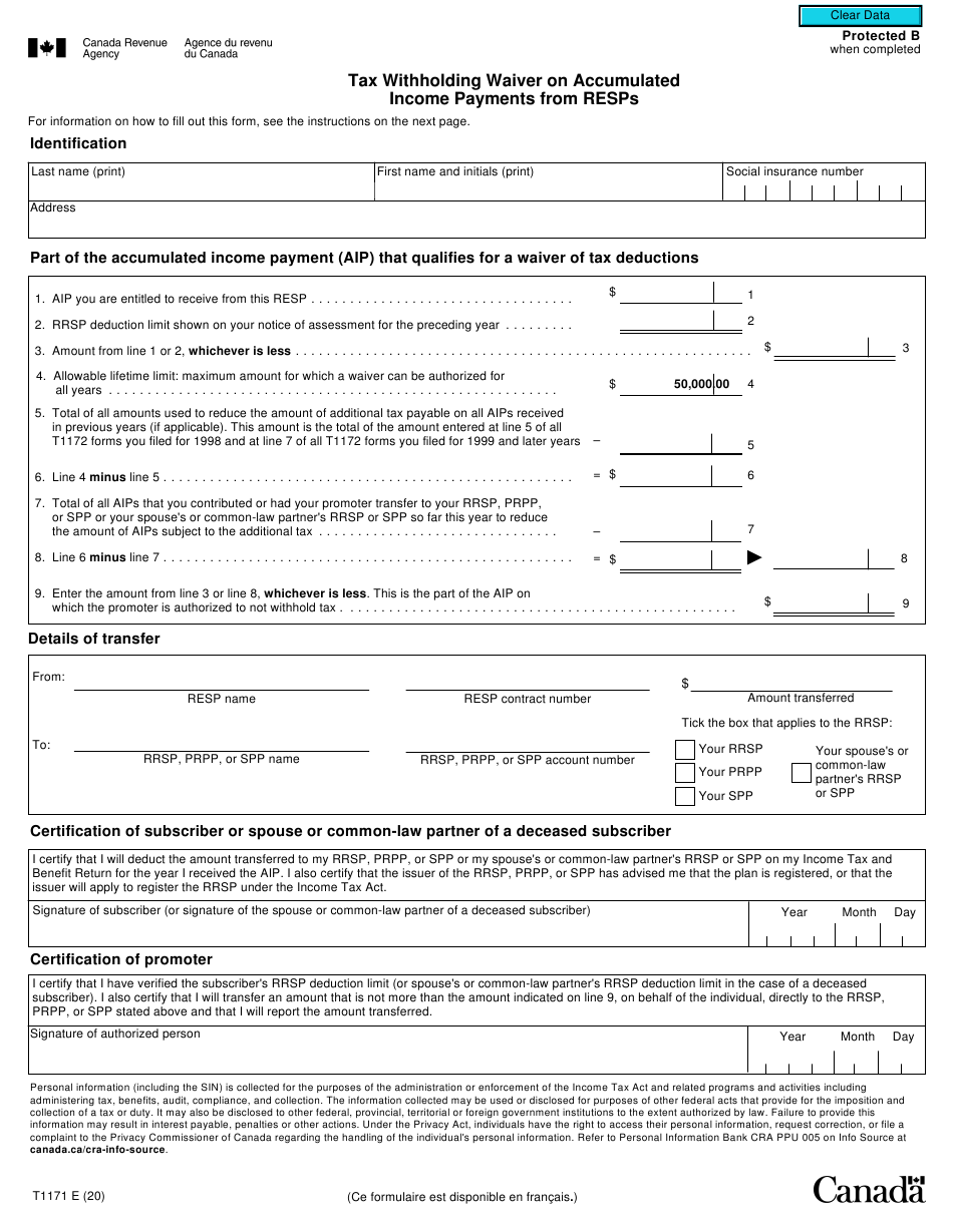 Form T1171 Download Fillable PDF Or Fill Online Tax Withholding Waiver Form T1171 Download Fillable PDF Or Fill Online Tax Withholding Waiver